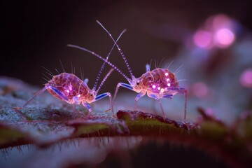 Two translucent alien aphids with pulsating lights on their backs perching on a textured digital vine, macro view
