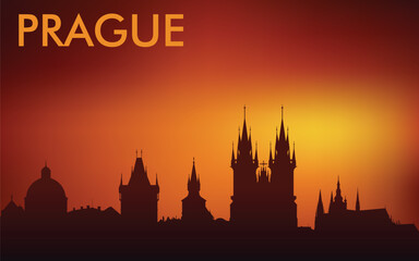 Fototapeta premium Minimalist silhouette of the Prague skyline (Czech Republic) against the backdrop of a bright sunset. The design is very popular on souvenirs, postcards, T-shirts, and tourist posters.