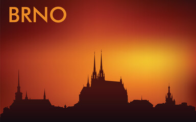 Naklejka premium Minimalist silhouette of the Brno skyline (Czech Republic) against the backdrop of a bright sunset. The design is very popular on souvenirs, postcards, T-shirts, and tourist posters.