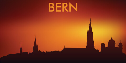 Naklejka premium Stylized silhouette panorama of the city of Bern (vector minimalism, warm orange-red tones of sunset/sunrise).