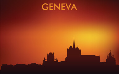 Fototapeta premium Stylized silhouette panorama of Geneva against the backdrop of sunset/sunrise. It has warm orange-red tones typical of graphic tourist or souvenir style.