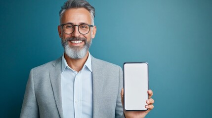 Cheerful Middle Age Male Portrait Holding Smart Device with Blank Screen on Turquoise Background