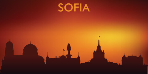 A vector stylized illustration poster in a minimalist silhouette style of Sofia's skyline, rendered in warm sunset tones.