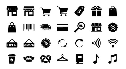 A comprehensive collection of modern flat e-commerce and retail vector icons for online stores, shopping apps, and business graphics