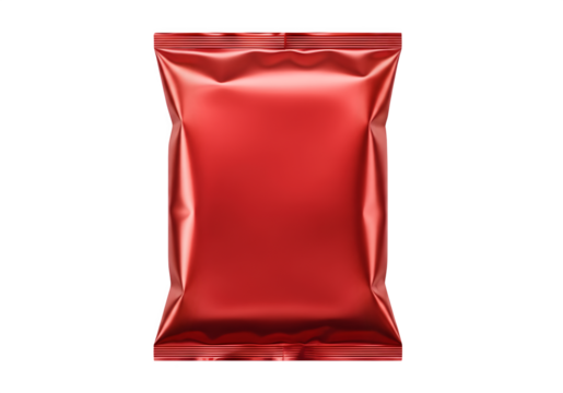 Red Blank Snack Food Foil Pouch or Chips Bag Mockup Isolated on Transparent Background PNG