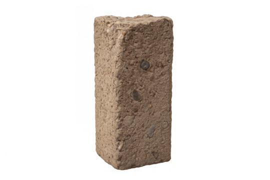 Concrete paver block standing vertically, featuring a rough texture and visible aggregates, ready for construction projects on transparent background
