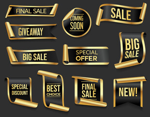 Naklejka premium New collection and big sale banners, Best choice, special offer, order now, Final Sale. Red ribbons, tags and stickers isolated on black background