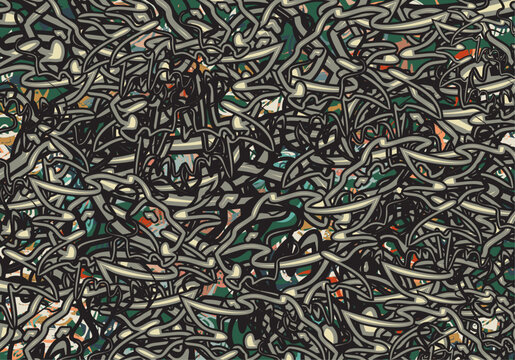 Textural camouflage backdrop created by lion heads for fabrics or covers. Dark chaotic ethnic motifs for fashion trends, business concepts, textiles, interiors, tiles, prints, dynamic posters, etc.