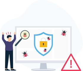 Cybersecurity concept with virus detection and data protection. Man panics at malware attack and system error. Computer security threat requires bug fixing and software testing with security alert.