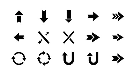 Versatile collection of black arrow icons for navigation, user interfaces, and web design, featuring various directional and action symbols