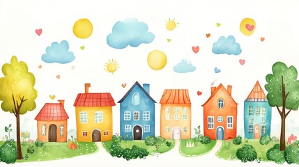 Fototapeta premium Colorful Houses in a Cheerful Neighborhood With Bright Sun and Playful Clouds