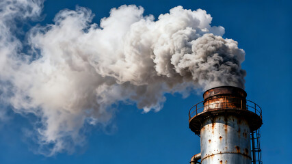 A rusty industrial chimney releasing thick white smoke into a clear blue sky, symbolizing air pollution and environmental impact.