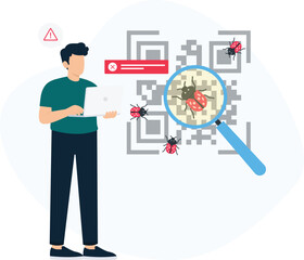 QR Code Security Software Bug Virus Scan Data Protection Malware Detection Cyber Attack Code Scanning System Error Security Threat Technical Support Man Laptop