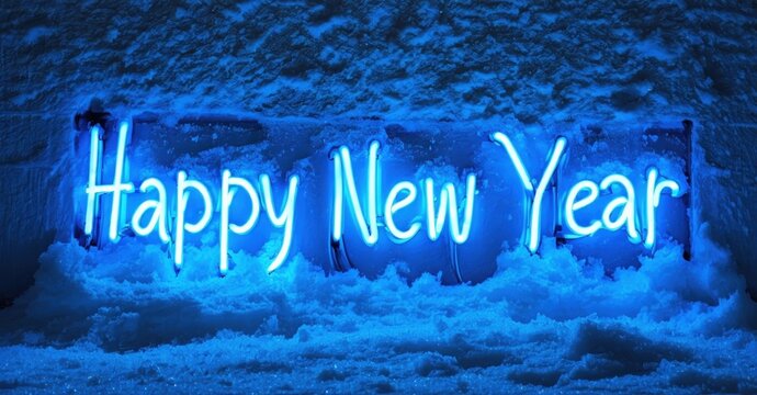 Bright blue neon sign displays Happy New Year. Dark background provides strong contrast, festive illumination. Celebration, greetings visible.