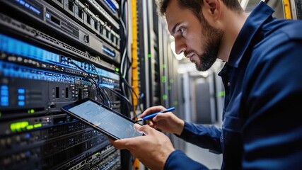 Video Technician working on tablet in a server room, surrounded by equipment and data storage devices