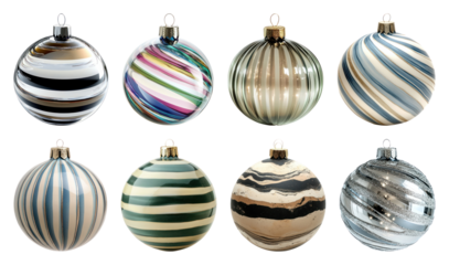 PNG Striped glass ornaments for Christmas, element set on transparent background