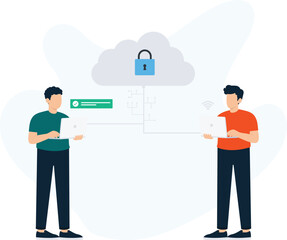 Cloud Computing Data Security Secure Network Online Storage File Sharing Data Transfer Cybersecurity Concept Information Technology Two Men Working Online