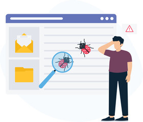 Software bug detection with man finding computer virus. Cybersecurity threat analysis showing system error. Data protection problem with malware scan and technical support.