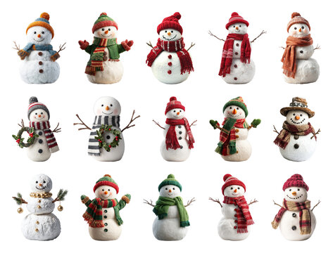 PNG Festive snowmen in colorful attire, element set on transparent background