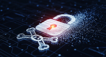 Digital padlock and skull symbol on circuit board with binary code and glowing particles security