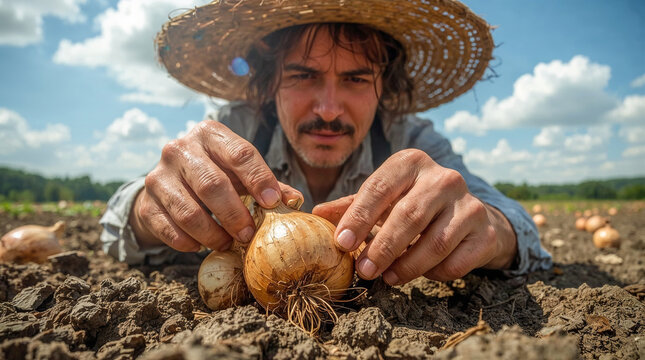 A farmer wearing a straw hat examines freshly harvested onions in a field under a bright blue sky with scattered clouds.