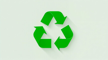 A bright green recycling symbol with a subtle shadow, representing sustainability and environmental consciousness on a clean, light background.
