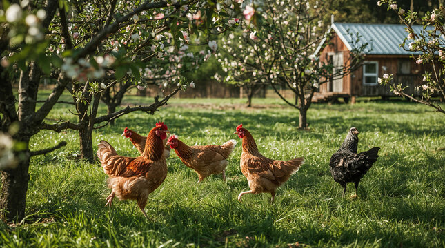 Chickens roam freely in a sun-dappled orchard with a rustic wooden cabin in the background. Blooming trees add a touch of spring.