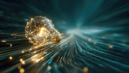 A radiant wireframe light bulb, symbolizing brilliant ideas and digital innovation, illuminates intricate data streams within a dynamic, interconnected technological network.