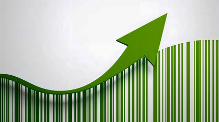 A green arrow curves upwards over a series of vertical green lines resembling a barcode, symbolizing growth, progress, and positive trends.