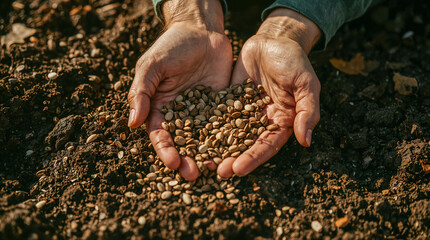 Hands cupping seeds over dark soil, preparing for planting. The imagery evokes themes of growth, nature, and the start of a new season.