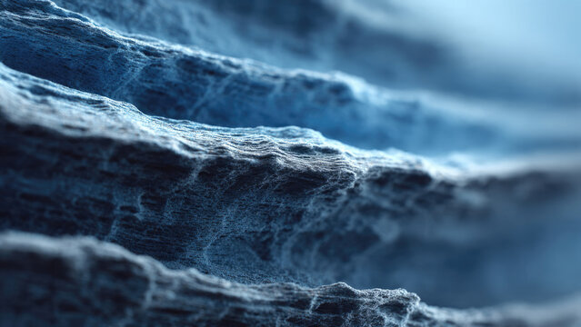 Intricate blue-grey textured ripples create an abstract landscape, resembling frozen waves, delicate frost, or a microscopic fibrous surface with soft lighting. - Powered by Adobe