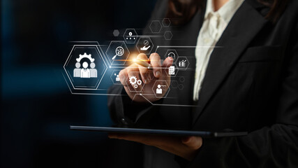 Business management system showing teamwork, productivity, and planning. Management supports goal, management tracks progress, management improves teamwork, and enhances productivity. Latch