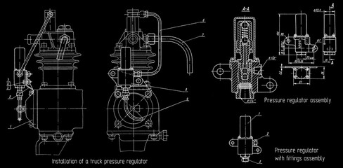 Assembly drawing of truck pressure regulator with dimension. Engineering automotive mechanical blueprint. Industrial cad scheme on paper sheet. 
Technology design of machine building industry.