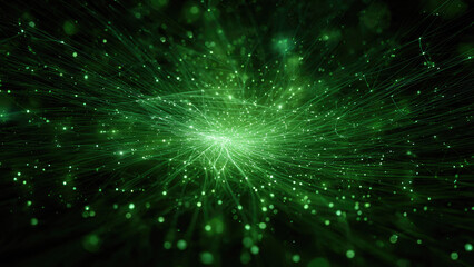 A vibrant green abstract network of glowing lines and particles, representing digital data flow, technology, and interconnectedness.