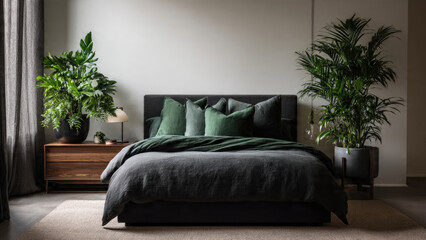 Fototapeta premium A serene bedroom featuring a dark grey linen bed with green pillows, flanked by lush potted plants and a wooden nightstand.