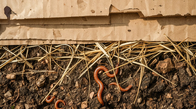 Brown paper sheets layered over soil, straw, and earthworms in a close-up, overhead shot. Natural decomposition and composting.
