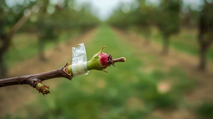 A close-up shot of a fruit bud on a branch, grafted with clear tape, set against a blurred orchard background with rows of trees.