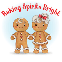 Watercolor hand drawn cute christmas gingerbread characters holding a gingerbread heart