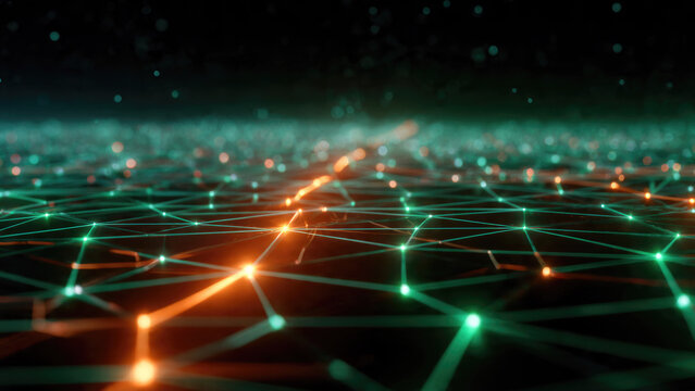 Abstract digital network with glowing green and orange interconnected nodes and lines. Represents complex data flow, global connectivity, and advanced technology. - Powered by Adobe