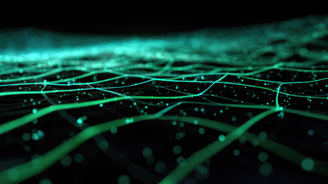 A mesmerizing abstract digital landscape features glowing green lines and sparkling particles forming an interconnected network against a dark background, symbolizing data flow and technology.