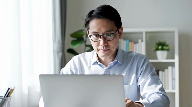Focused Asian man in glasses working intently on his laptop in a bright home office Professional concentrated on remote business tasks or online study