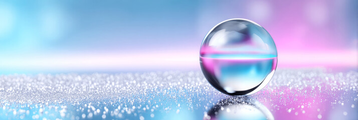 Colorful glass sphere resting on reflective surface, surrounded by soft bokeh lights in shades of blue and pink, creating a dreamy and artistic atmosphere for visual storytelling