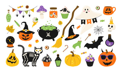 Spooky set of Halloween stickers. Big set of clipart: pumpkins, a cat skeleton, a ghost, a bat, a magic cauldron, cupcakes, witch broom, poison, zombie hand, finger dessert. Vector flat illustration.