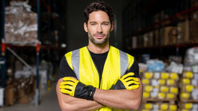 Confident man wearing safety vest and gloves stands in a warehouse, arms crossed, surrounded by shelves filled with boxes, showcasing a professional and secure work environment