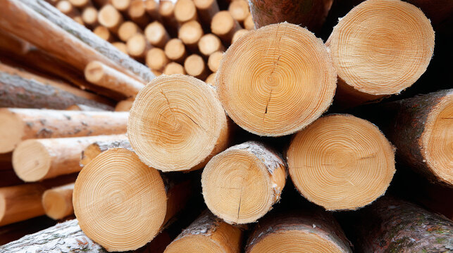 Stacked logs showcasing natural wood textures, with circular tree rings visible, creating an organic and rustic atmosphere, ideal for nature-themed projects and designs