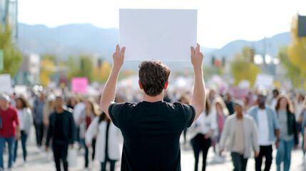 Young man holding blank sign in a large crowd during a peaceful protest, surrounded by diverse participants advocating for social change and unity in a vibrant outdoor setting