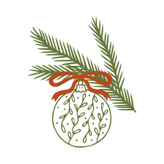 Christmas tree branch with a New Year's decoration. Hand drawn decorative element for holiday design. Vector illustration.