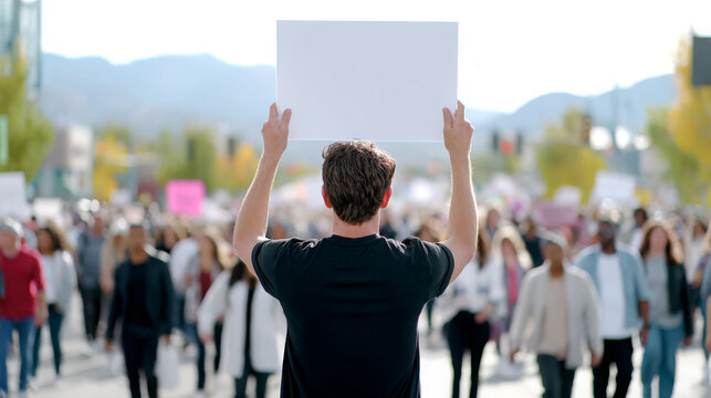 Young man holding blank sign in a large crowd during a peaceful protest, surrounded by diverse participants advocating for social change and unity in a vibrant outdoor setting