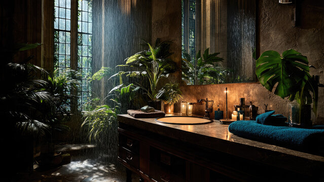 Luxurious bathroom with a natural rainforest shower, abundant lush plants, grand windows, and elegant vanity creating a serene, immersive, nature-inspired sanctuary.