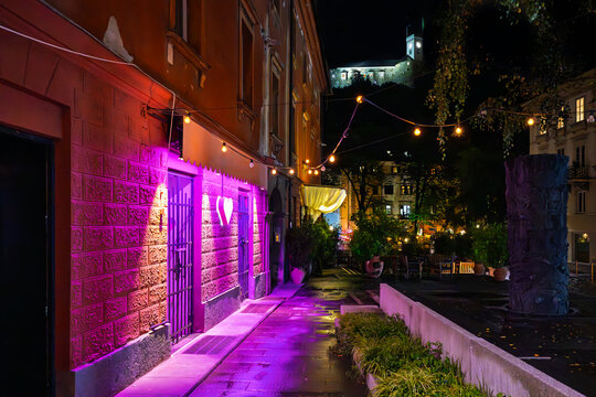 Illuminated cafes and shops at night along the Breg Embankment at Novi Trg Square in old town Ljubljana, Slovenia, with the medieval hilltop castle above.